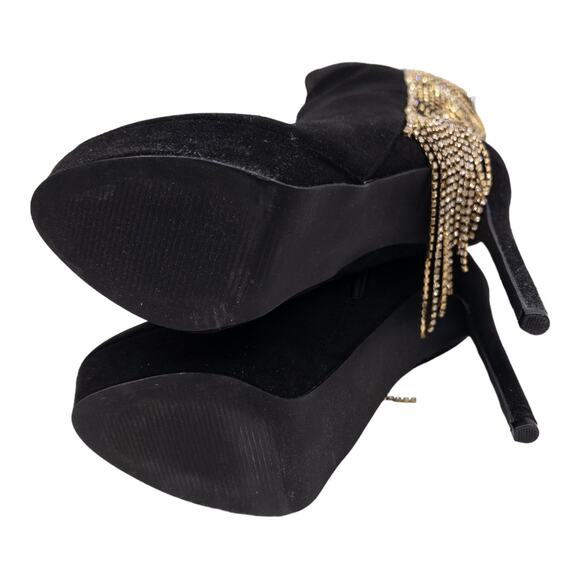 Shoe Dazzle Black Cha-Ching Gold Rhinestone Chain Embellished Knee Boots 6.5 - Picture 14 of 14